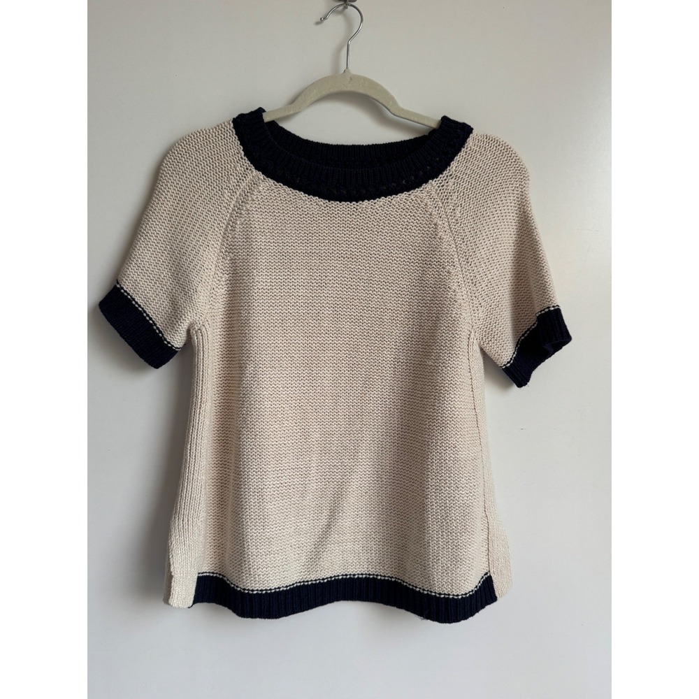 Anthropologie Cream Navy Blue Short Sleeve Knit Sweater Nautical Preppy Small